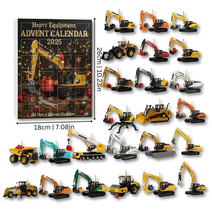 Open holiday advent calendar showing miniature construction vehicles and truck toys