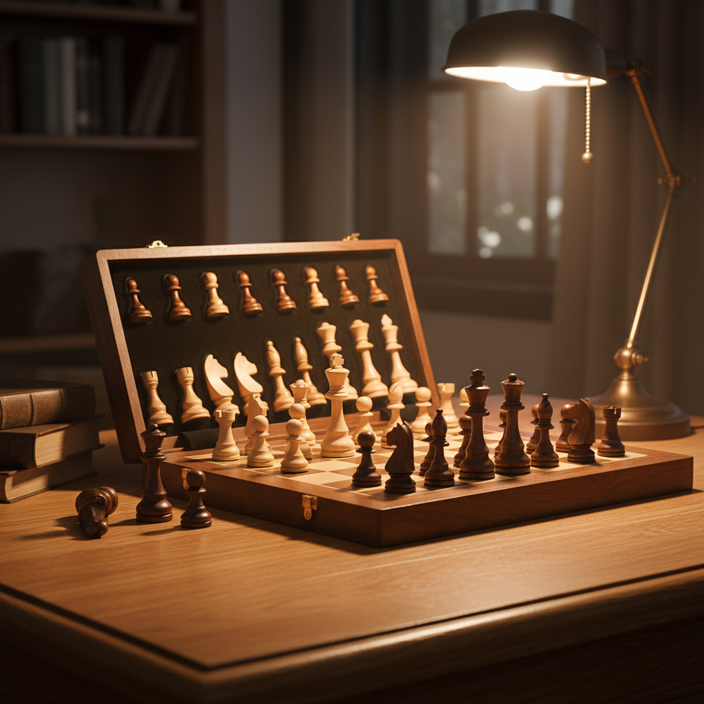 Solid wood travel chess set displayed on a wooden desk with warm lighting