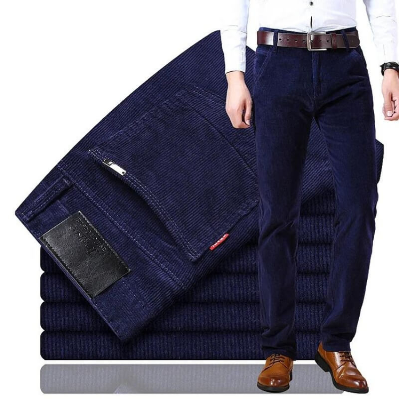 Mens slim fit vintage style trousers featuring textured fabric and classic cut for casual and formal wear