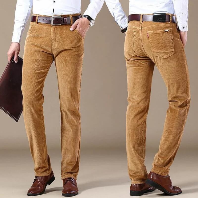Side profile of mens casual and formal trousers showcasing slim fit silhouette and vintage design