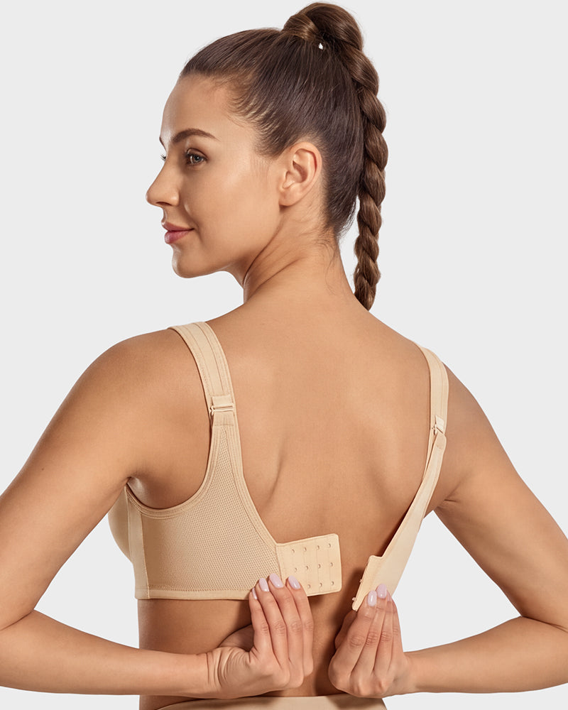 Fitness apparel sports bra hook and eye closure detail