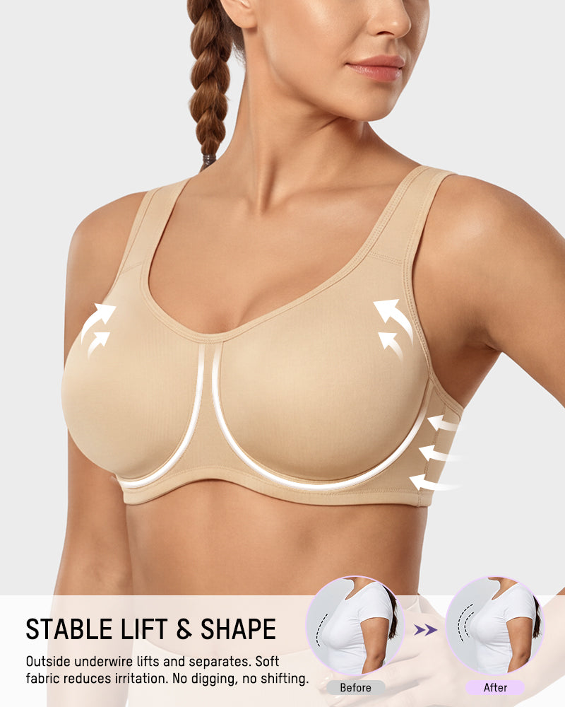 Close-up of model wearing sports bra showing outside underwire support