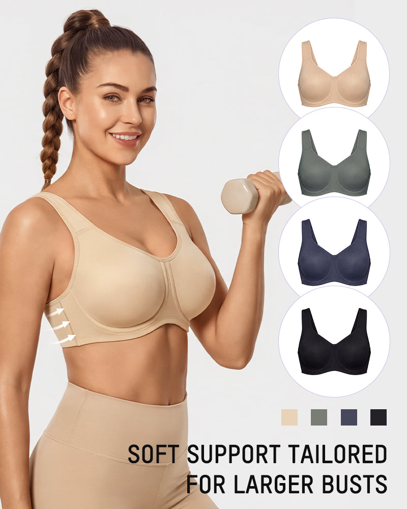 Model in nude sports bra holding dumbbell with color options preview