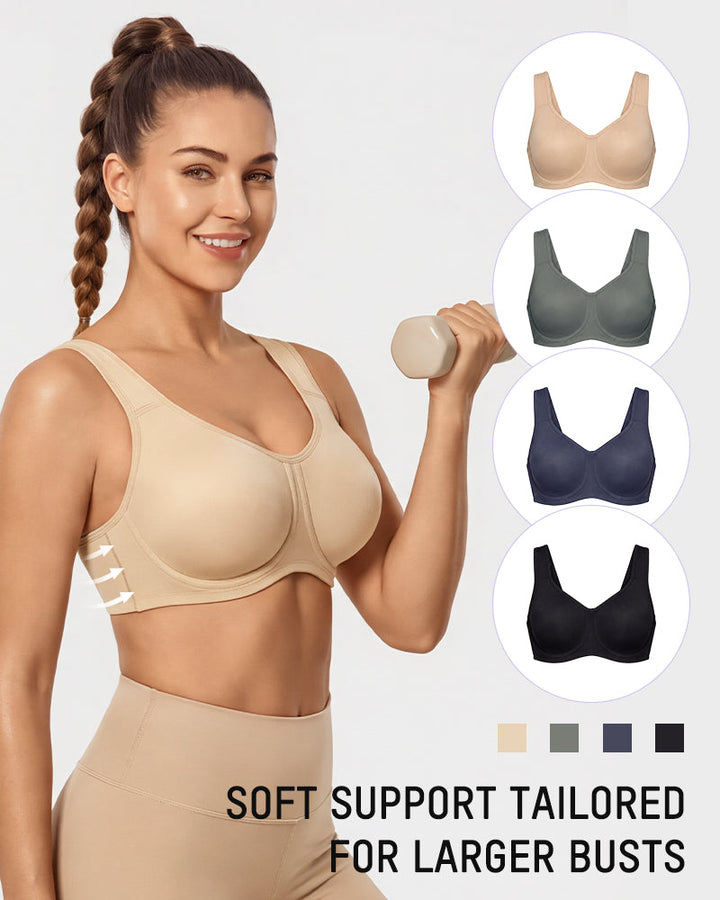 Model in nude sports bra holding dumbbell with color options preview