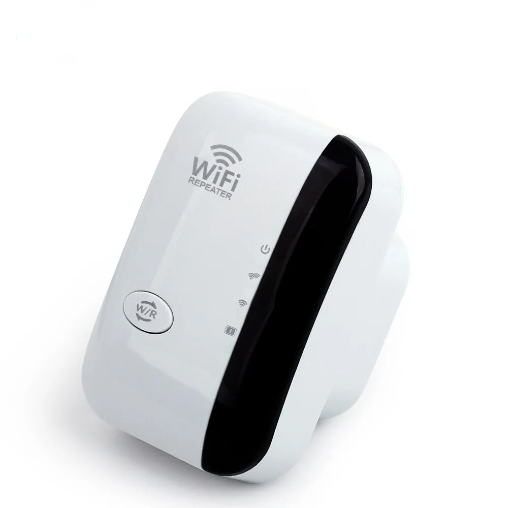 White WiFi signal repeater device with WPS button viewed from an angle