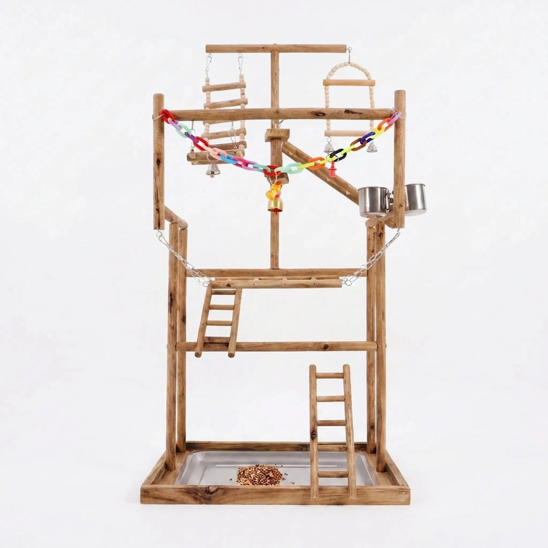 Wooden multi-level bird playground with ladders and toys on a white background
