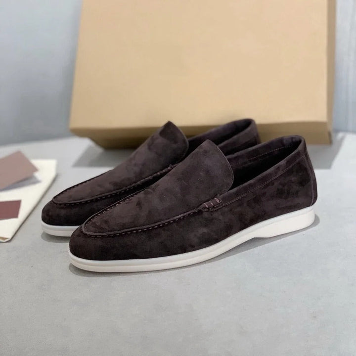 Men's dark brown slip-on loafer shoes with white sole