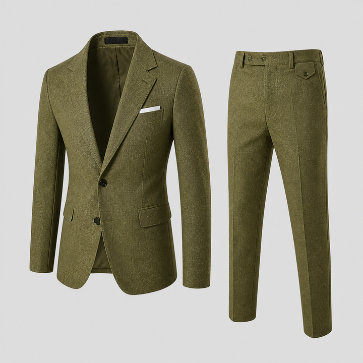Olive green men's summer suit jacket and trousers laid flat against a neutral background