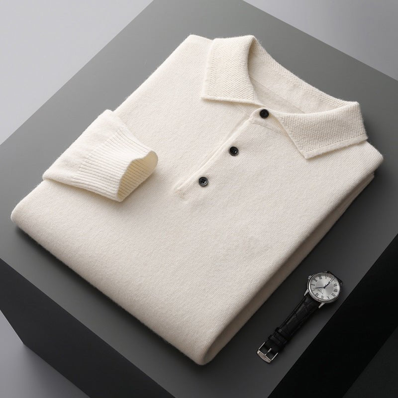 Folded white men's fine knit polo jumper with structured collar