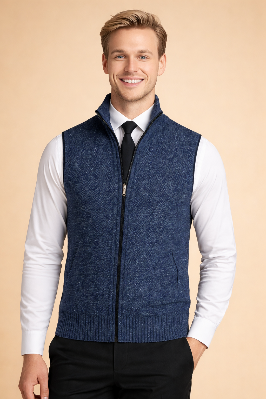 Man wearing blue full zip knit vest with white shirt and black tie