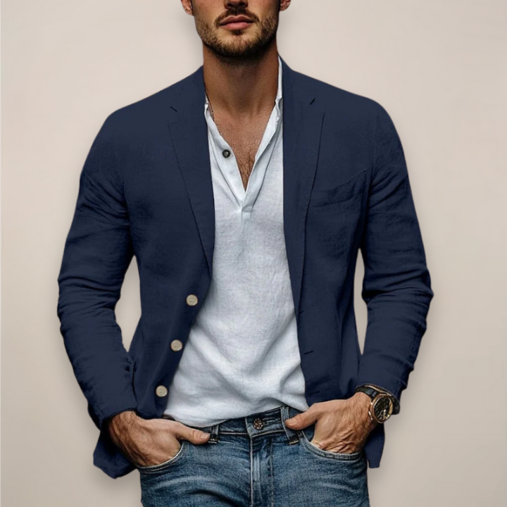 Man wearing a navy blue lightweight casual summer blazer