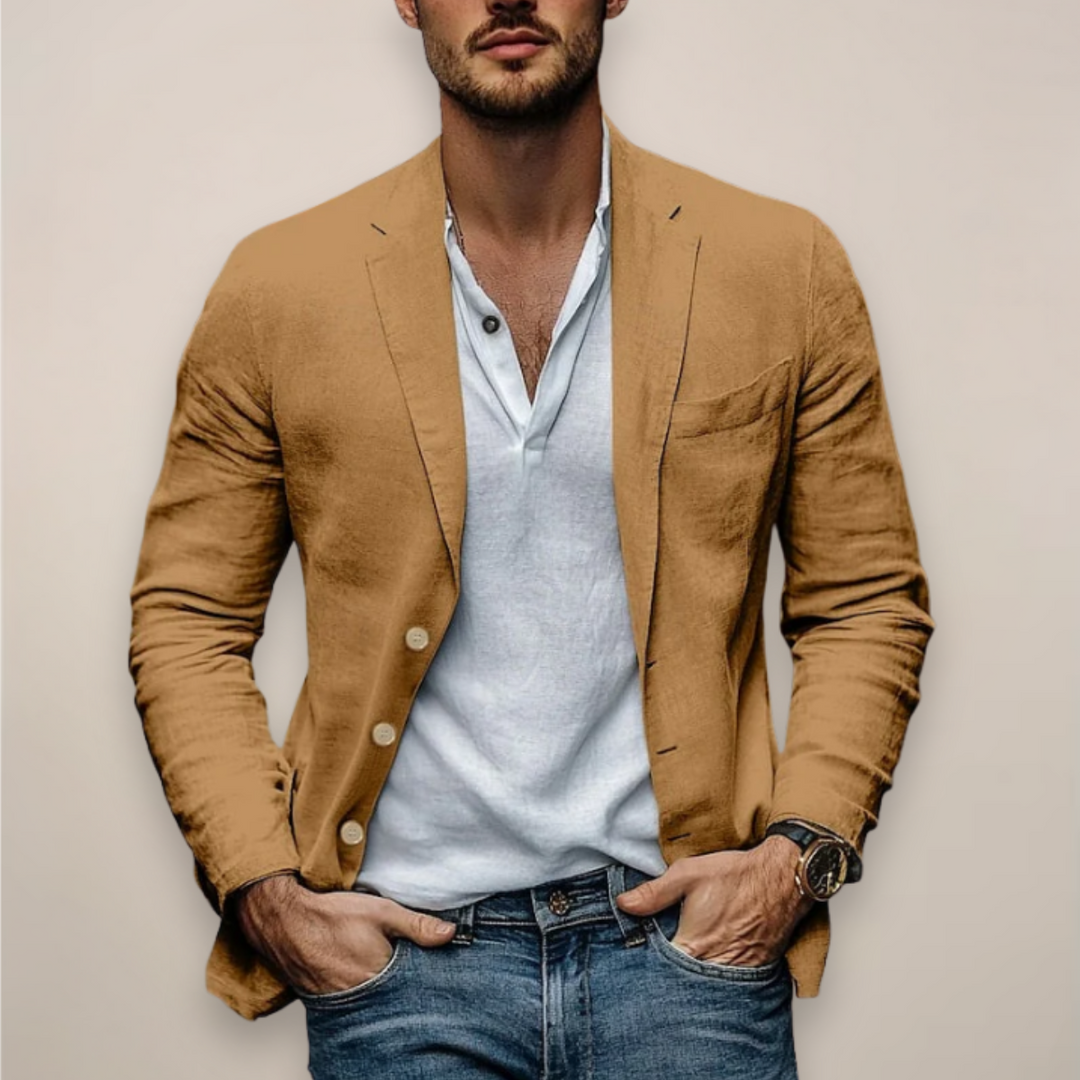 Man wearing a khaki lightweight casual summer blazer