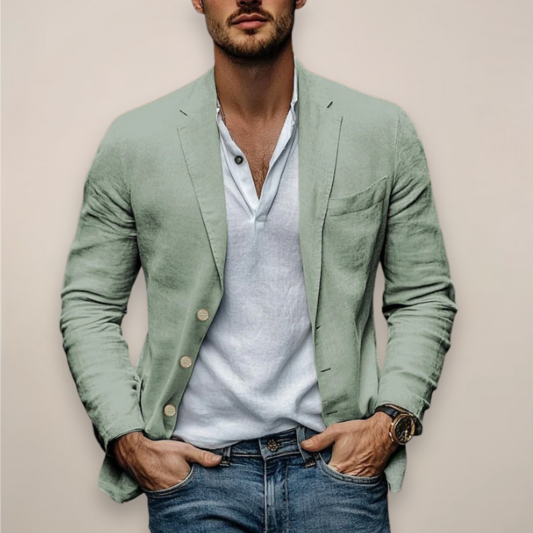 Back view of slim fit lightweight summer blazer for men, casual smart jacket