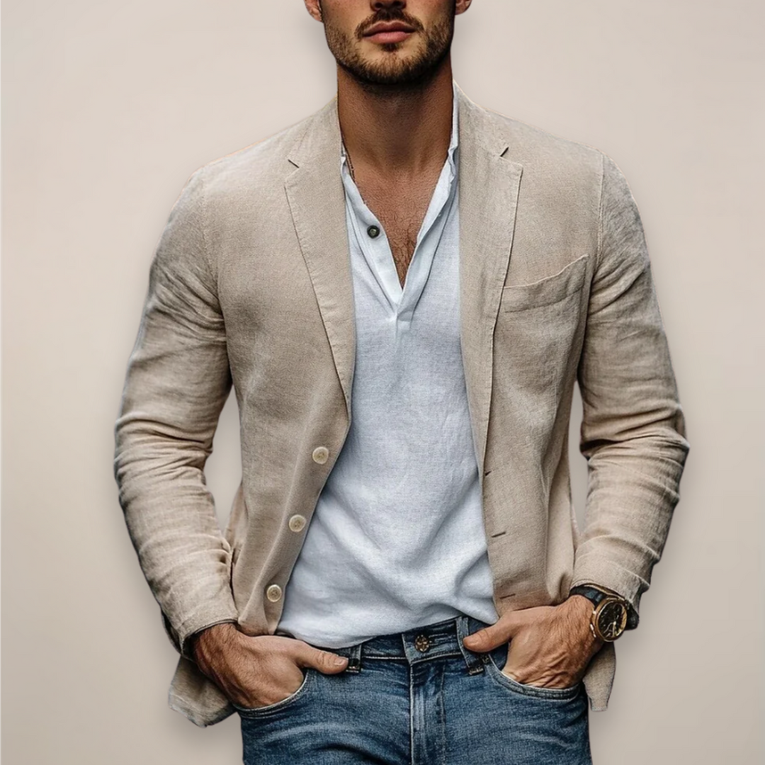 Man wearing a beige lightweight casual summer blazer in slim fit