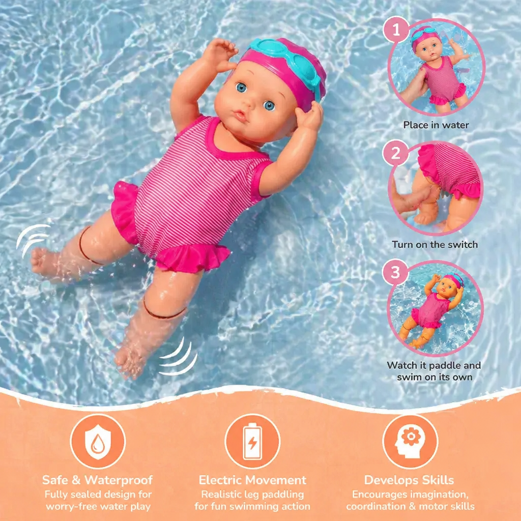 Electric swimming baby doll beach toy side view for pool fun