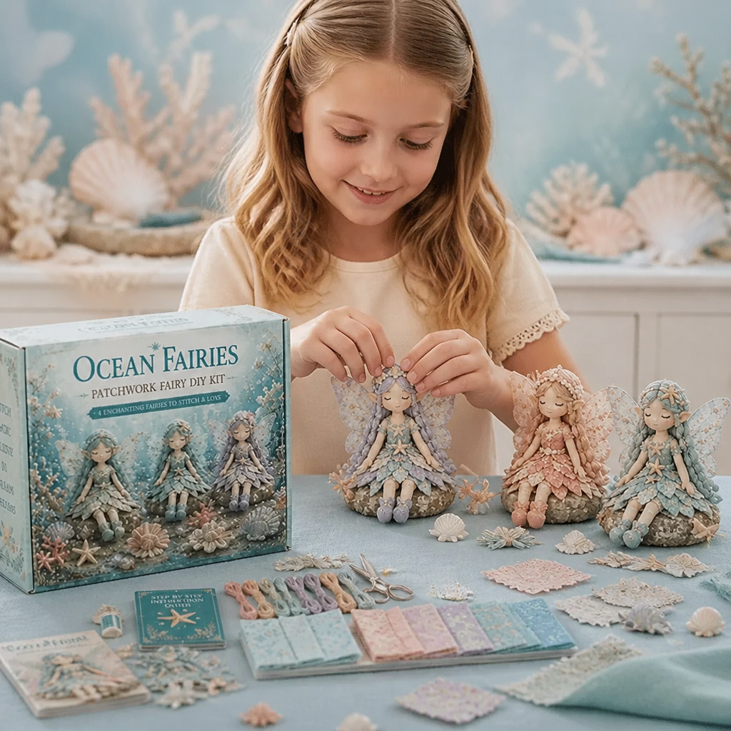 A smiling young girl holding a finished fairy doll next to the Ocean Fairies DIY sewing kit box and crafting supplies.