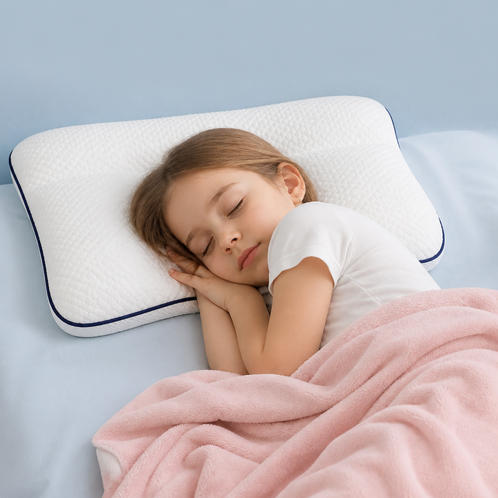 Young girl sleeping peacefully on an ergonomic memory foam children's pillow