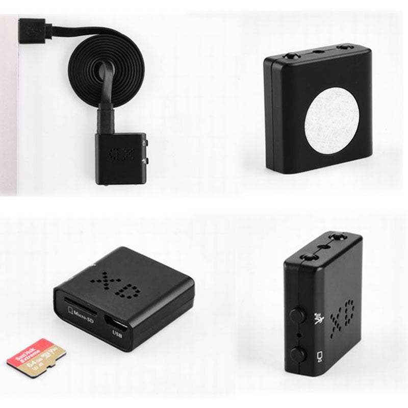 Micro security camera shown alongside data cable, card reader, and memory card