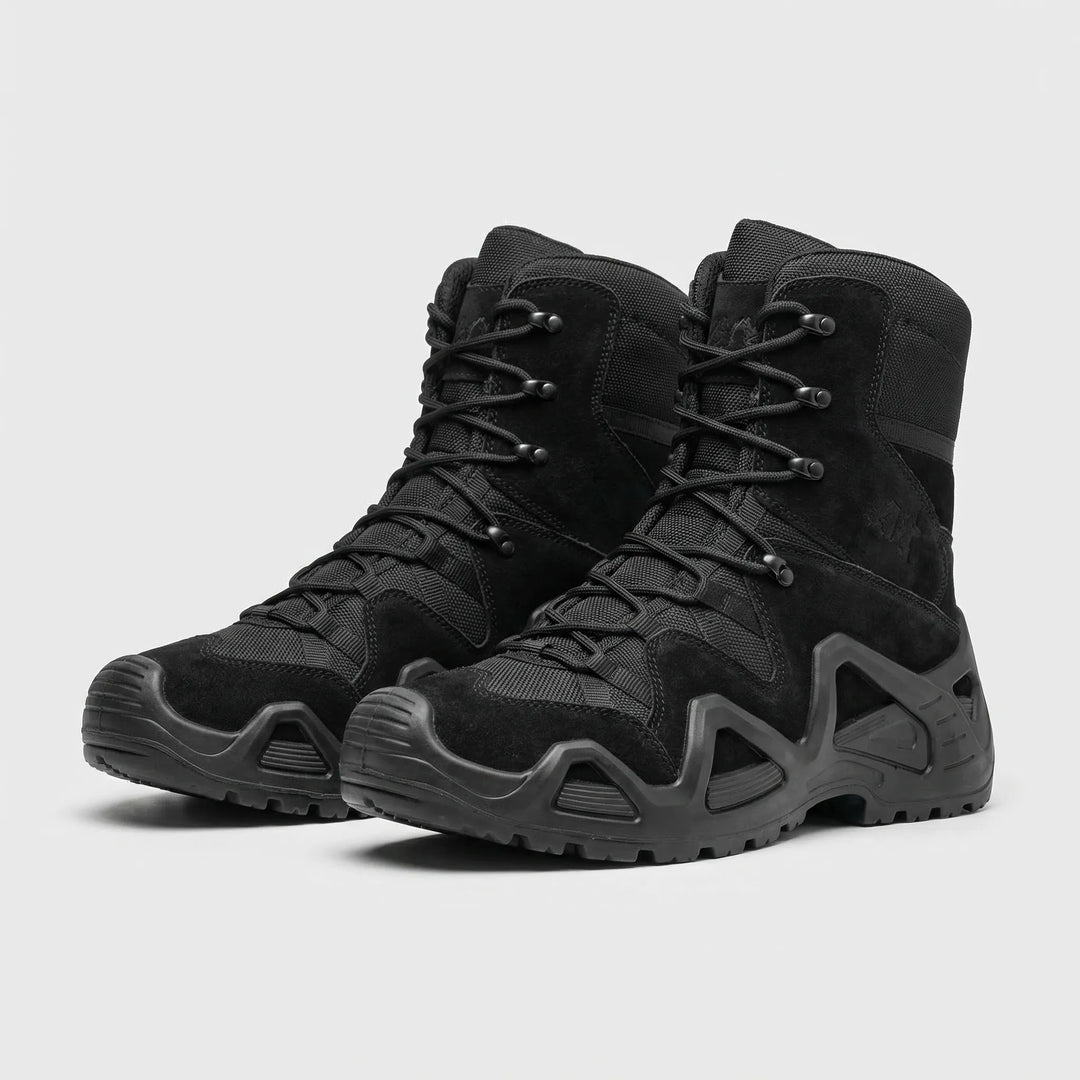 Back view of mens waterproof tactical boots with heel pull loop