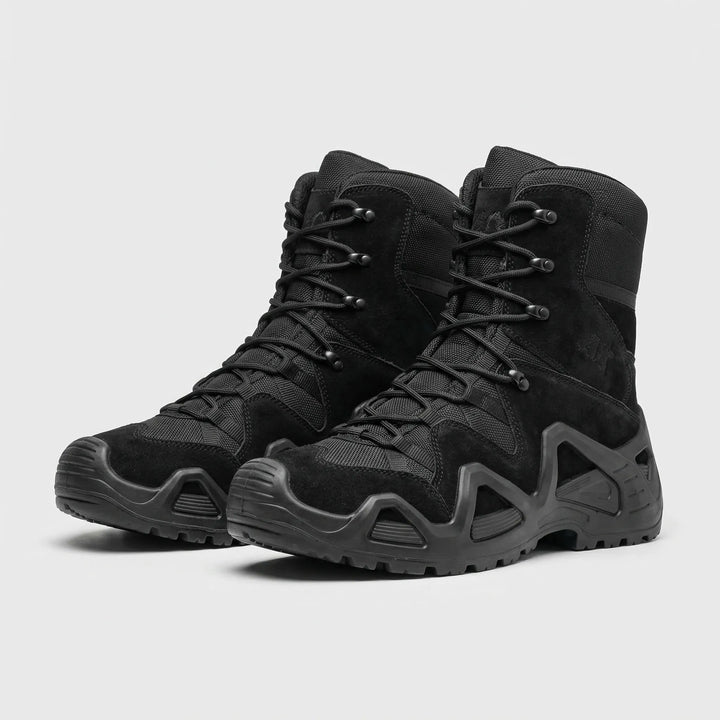Back view of mens waterproof tactical boots with heel pull loop