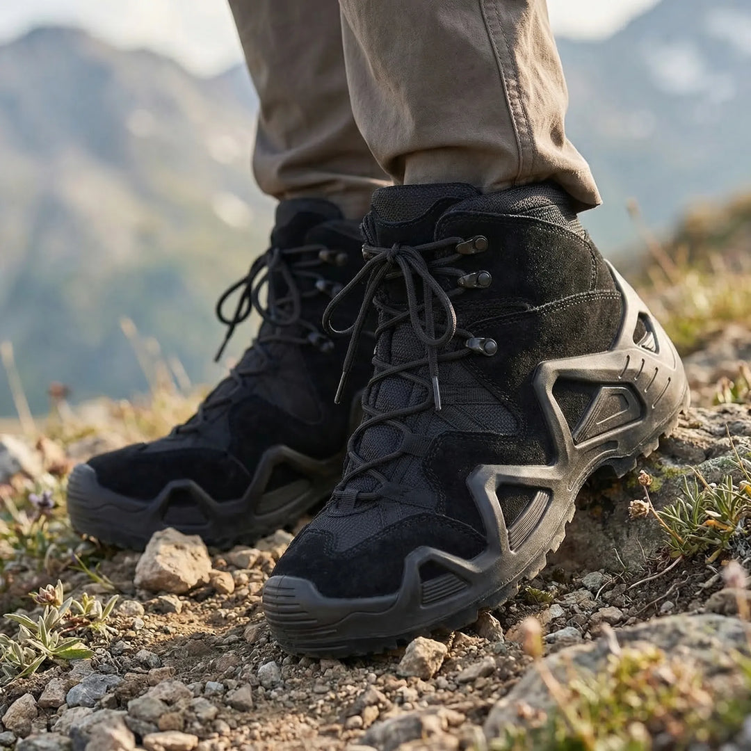 Men's black tactical mid-height outdoor boots worn on rocky terrain