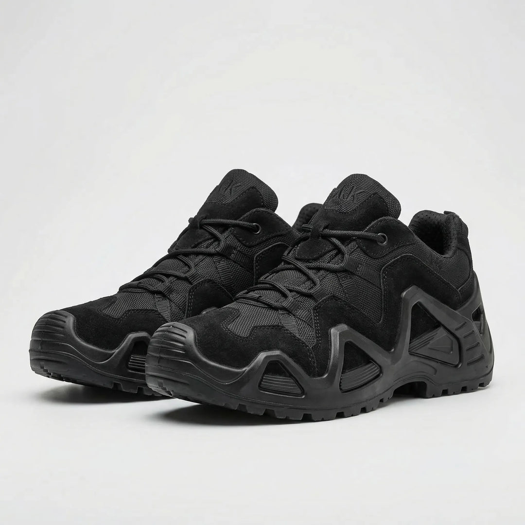 Side view of mens tactical boots displaying breathable mesh panels