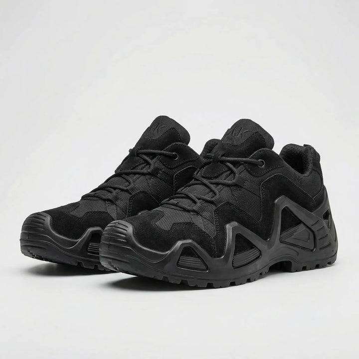 Side view of mens tactical boots displaying breathable mesh panels
