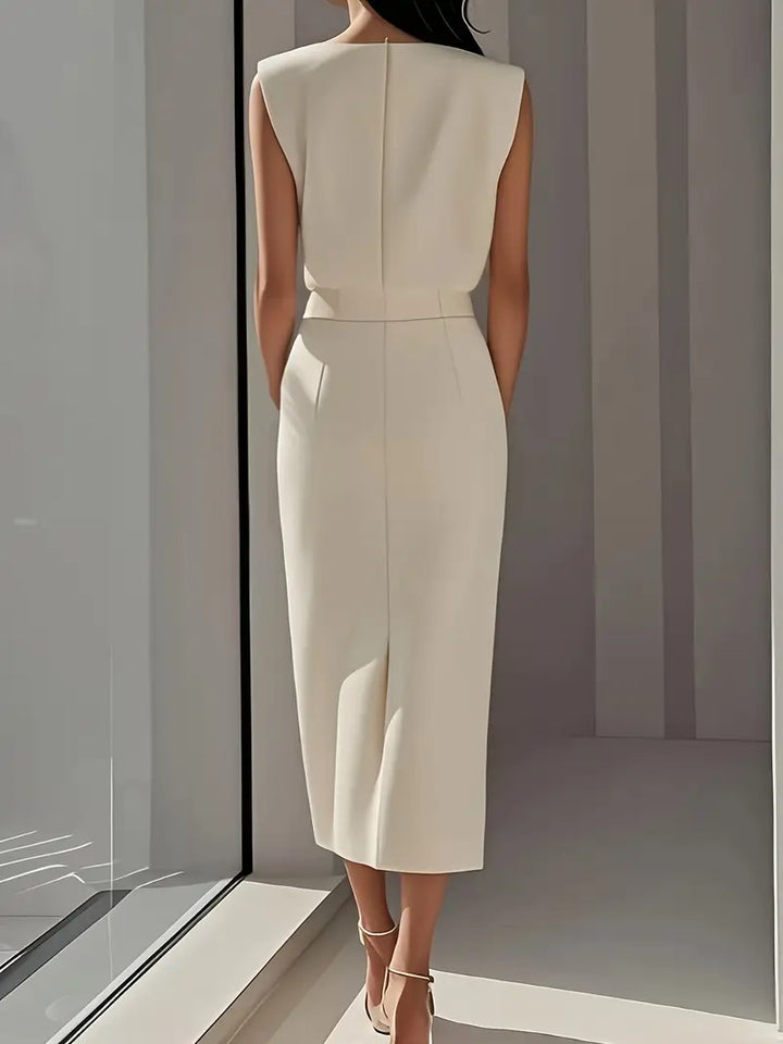 Side profile of a stylish women's elegant midi dress highlighting the flattering fit and side slit
