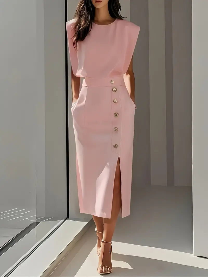 Woman wearing pink midi dress with side slit and button details