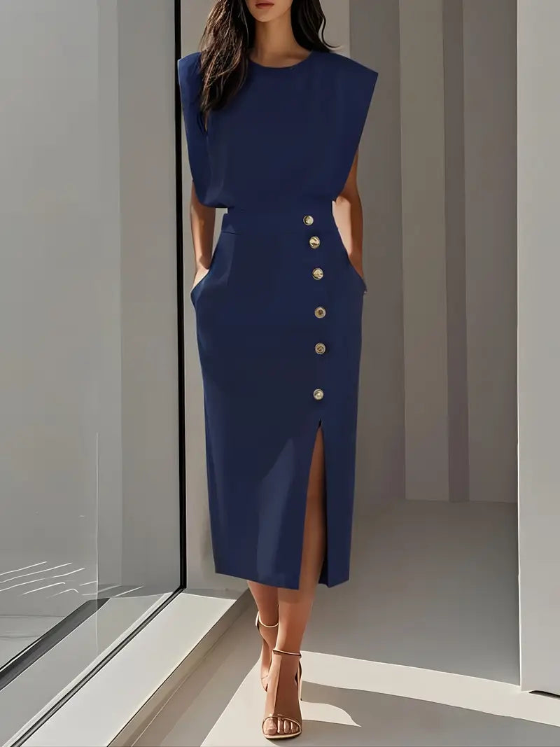 Woman wearing navy blue midi dress with side slit and button details
