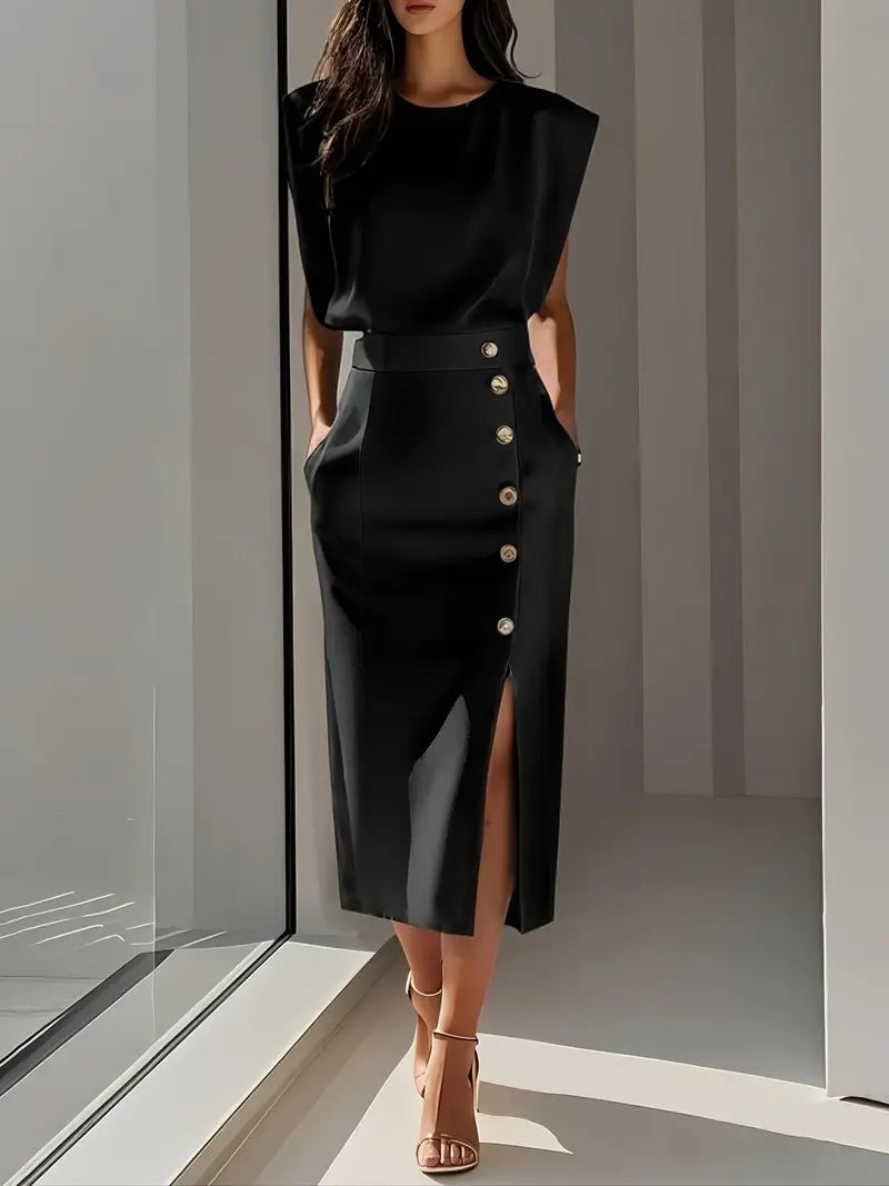 Women's elegant midi dress featuring a stylish side slit and sleeveless design for summer party wear