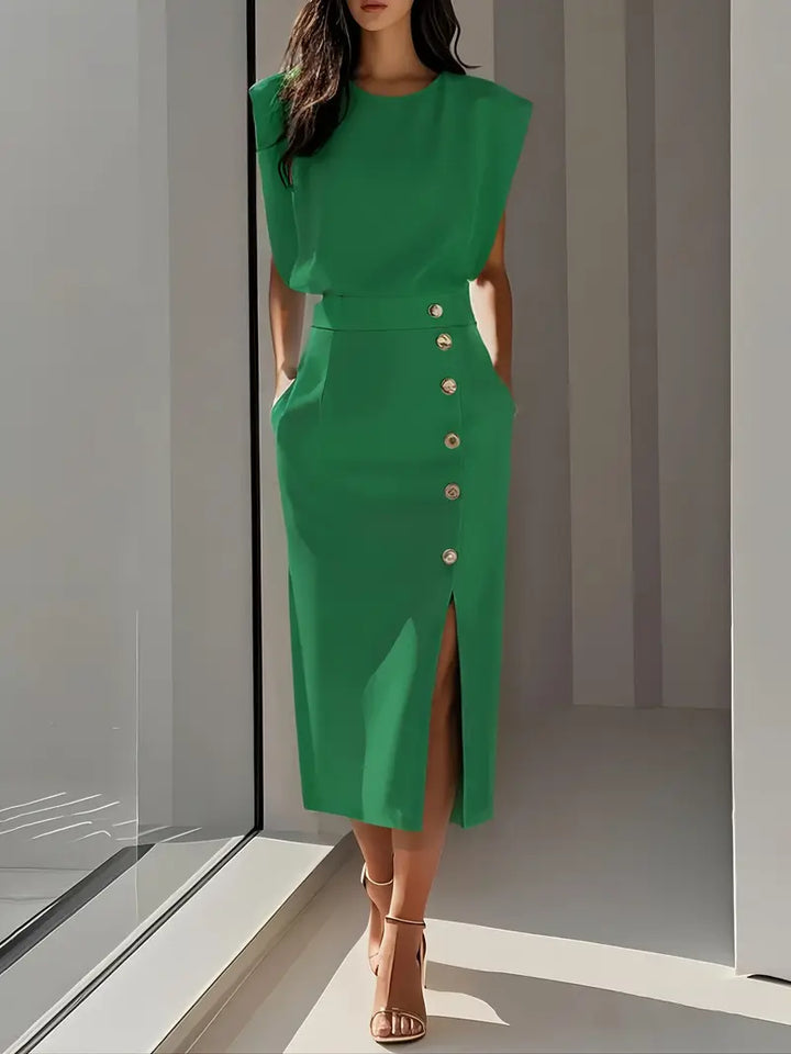 Close-up view of the smooth fabric and sophisticated neckline on a chic women's summer midi dress