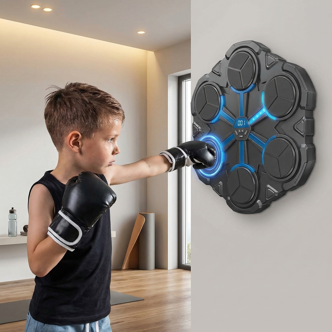 Young boy practicing strikes on the wall-mounted Bluetooth Music Boxing Trainer wearing black boxing gloves