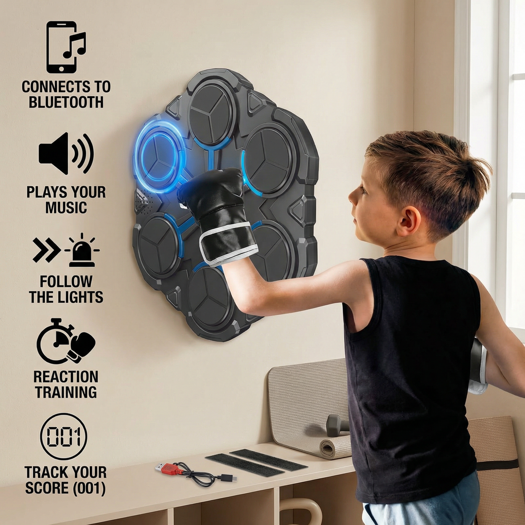 Feature breakdown showing Bluetooth connectivity, speaker, light cues, reaction training, and score tracking