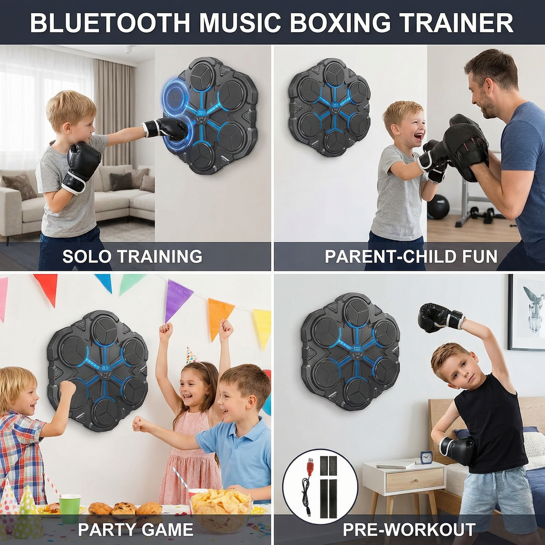 Collage illustrating solo training, parent-child fun, party games, and pre-workout stretching