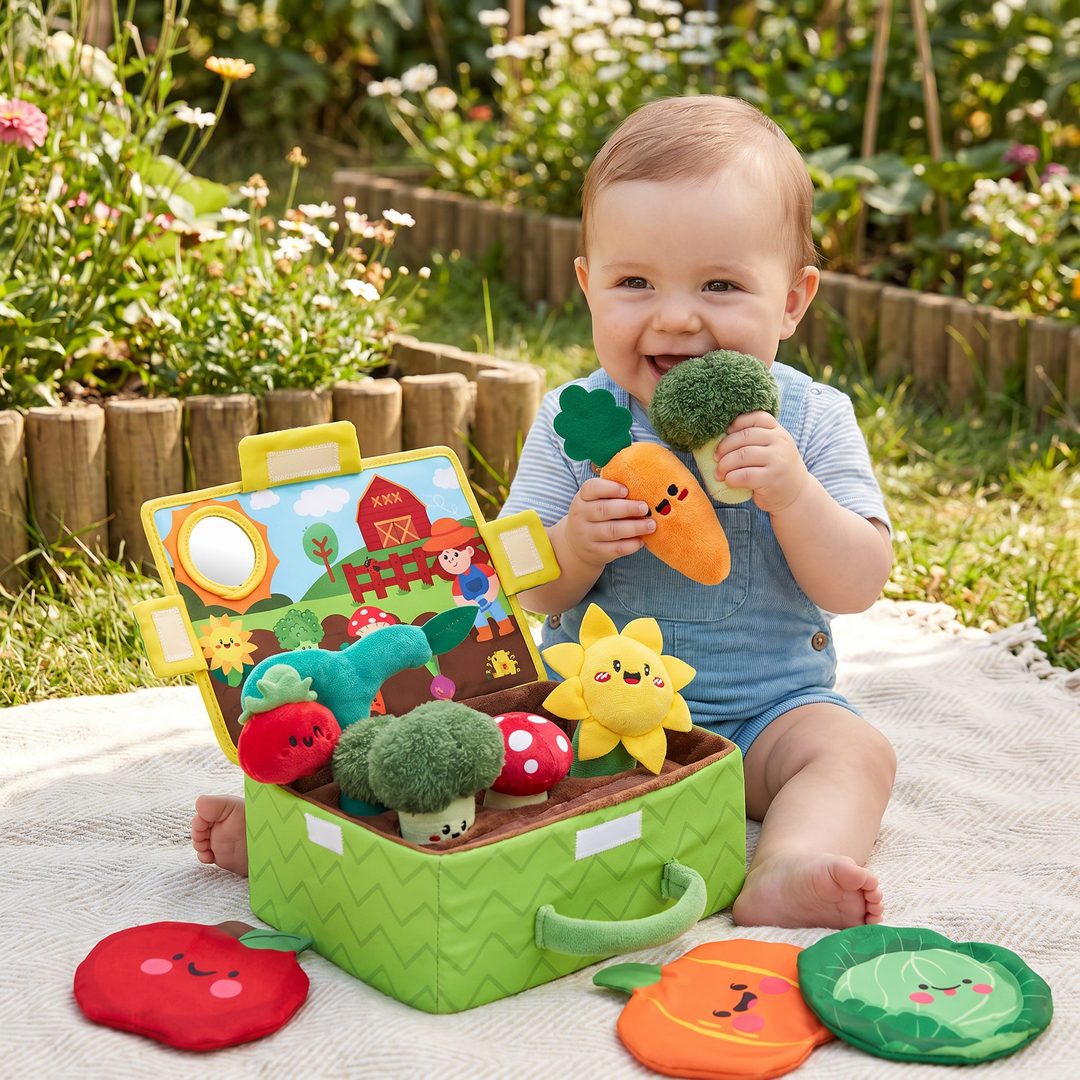 Happy baby playing with plush garden sensory vegetables outdoors