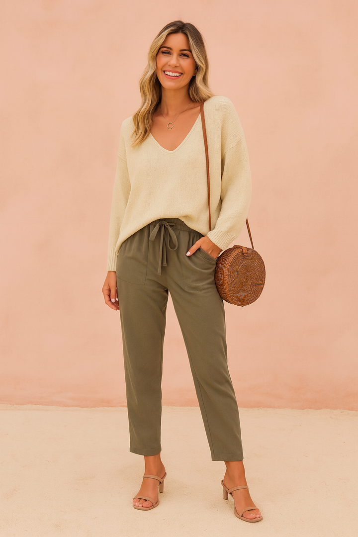Model wearing a beige V-neck knit sweater with olive trousers and heeled sandals.