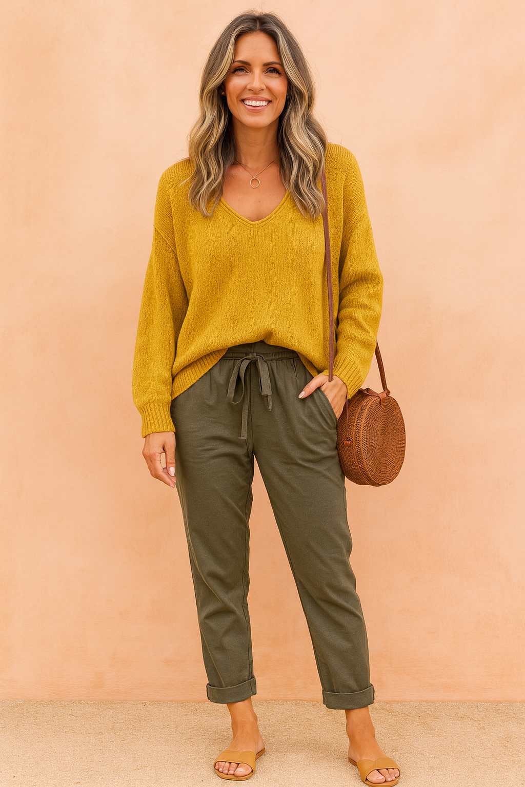Women's V-neck casual knit sweater in a relaxed fit, front view