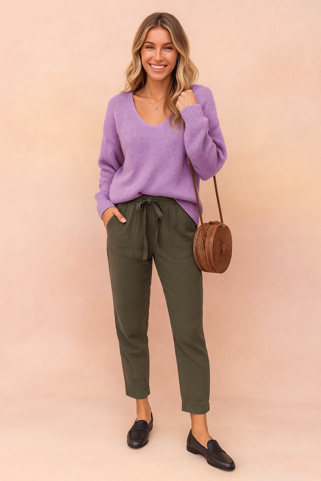 Close-up of the soft knit texture on the women's pullover sweater