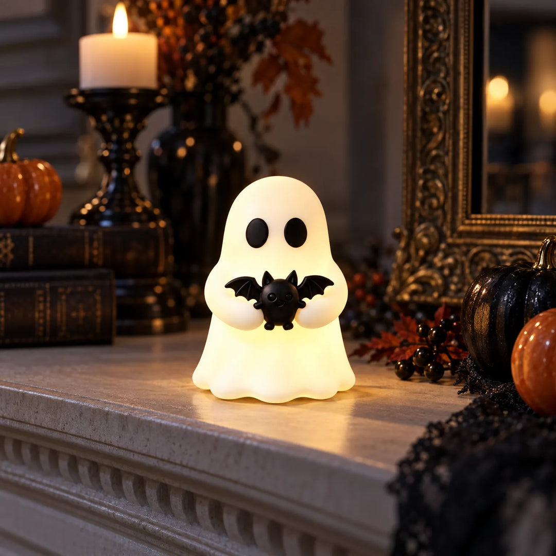 Miniature glow-in-the-dark ghost figurine holding a small bat on a mantelpiece