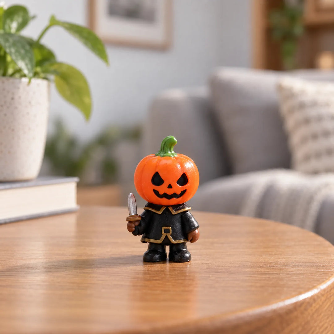 Miniature pumpkin holiday figurine placed on a wooden table in a cozy living room.