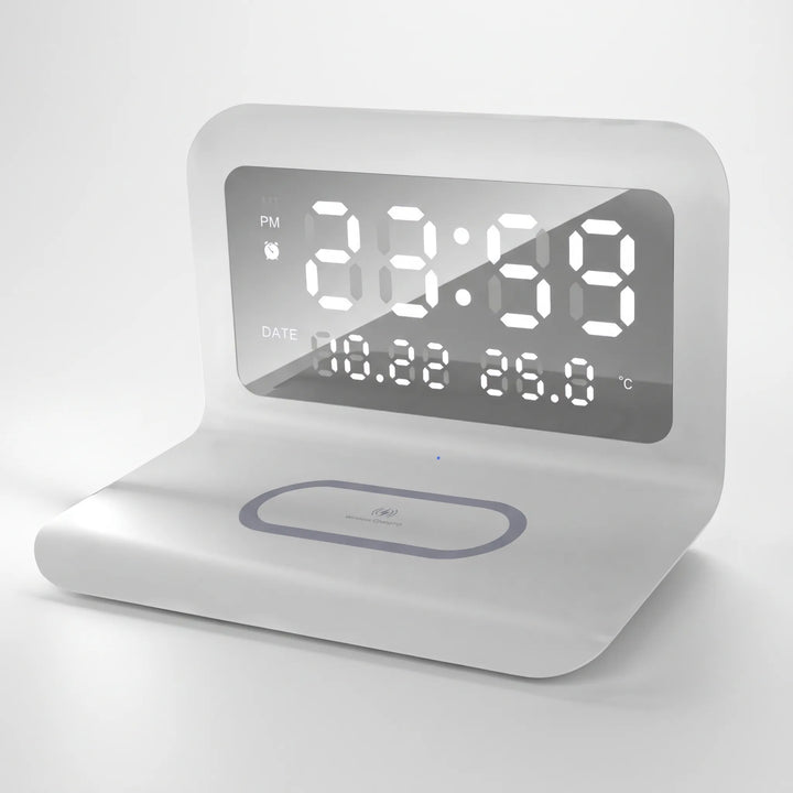 Nightstand organizer featuring fast wireless charger and digital clock interface