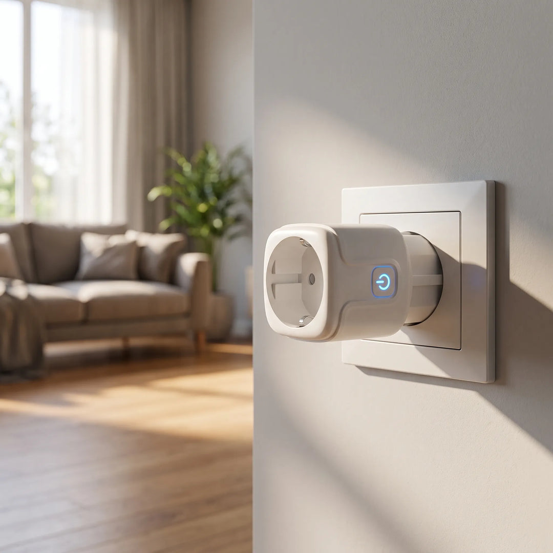 Minimalist smart Wi-Fi plug socket plugged into a wall outlet in a modern living room
