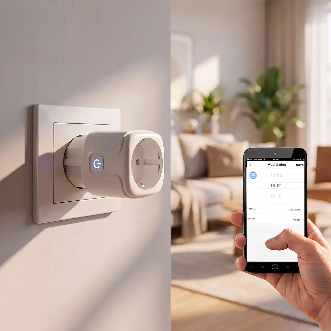 Person using a mobile app to control the smart Wi-Fi plug socket remotely