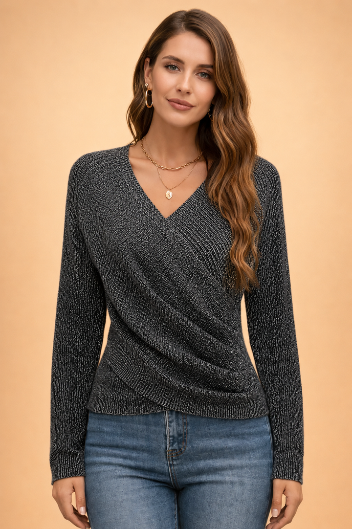 Back view of the womens casual knitwear wrap sweater showcasing comfortable fit