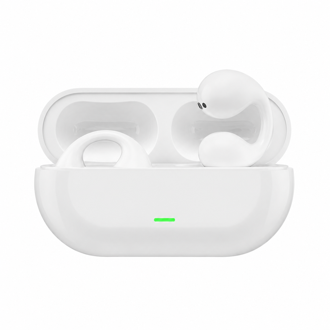 White wireless bone conduction earbuds inside their matching charging case