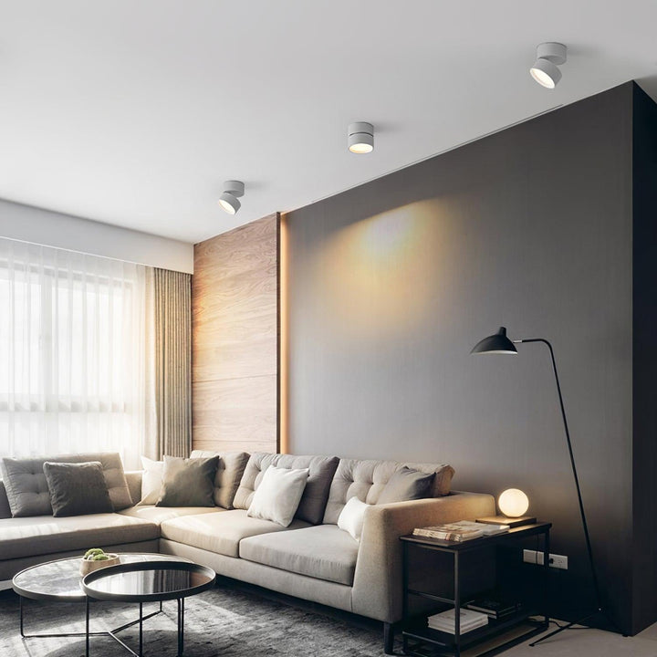 White directional ceiling spotlights illuminating a stylish contemporary living room