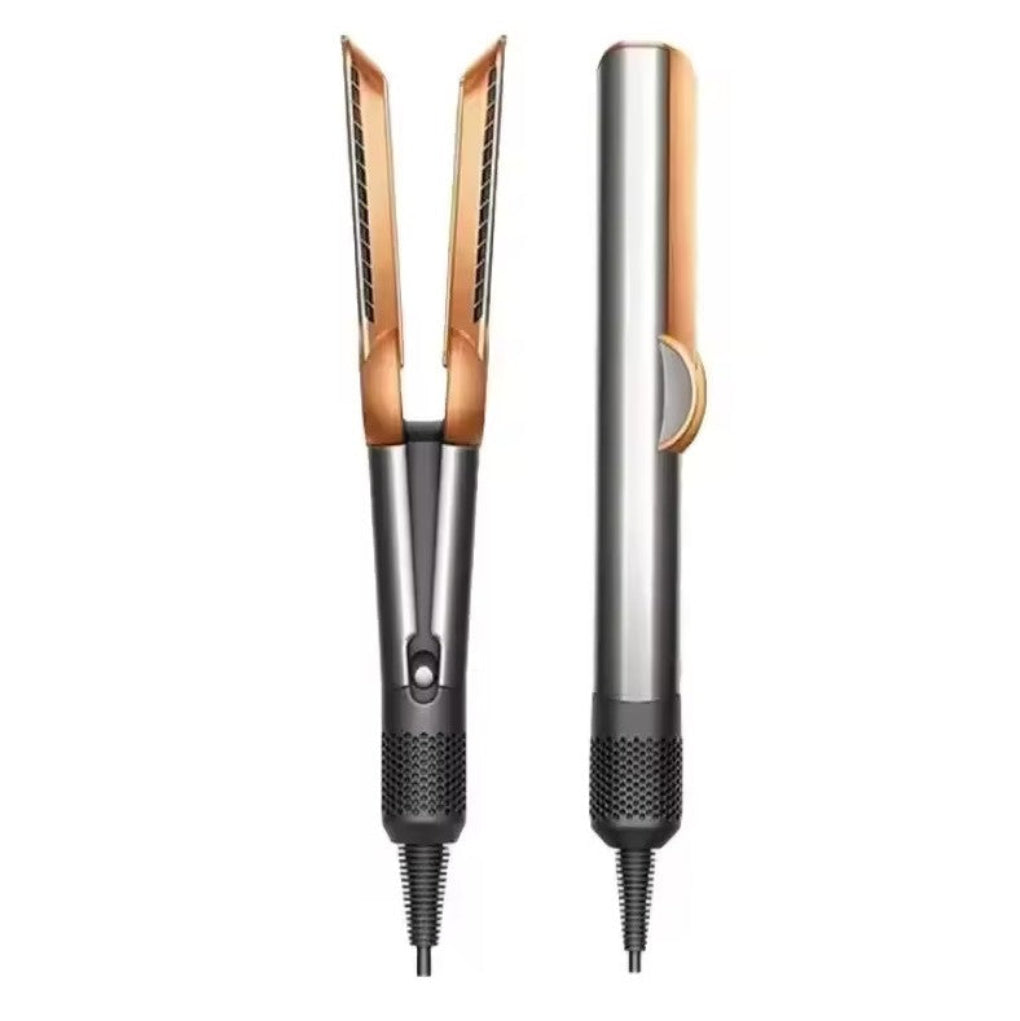 Gold and dark grey modern dual-function hair styler shown open and closed