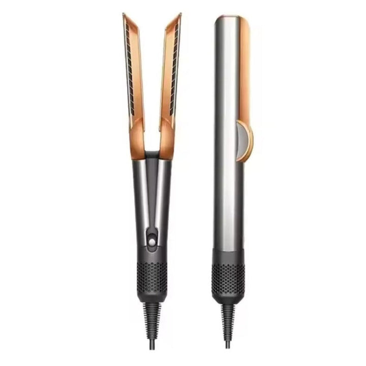 Gold and dark grey modern dual-function hair styler shown open and closed