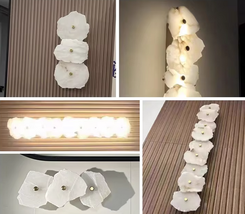 Illuminated alabaster wall sconce demonstrating soft, diffused LED accent lighting